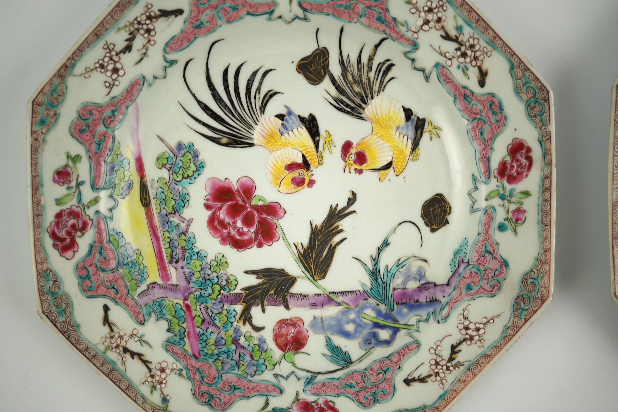 A pair of Chinese famille rose ‘cockerel’ octagonal plates, Yongzheng period